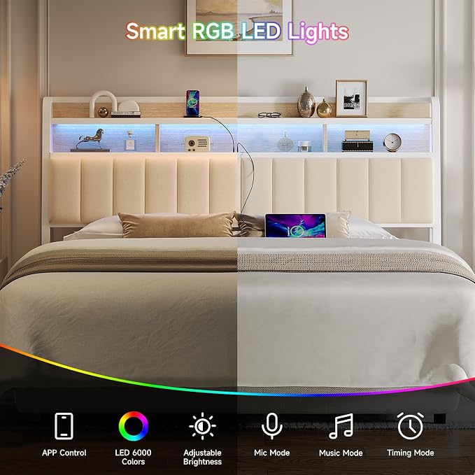 ComfyCorner King Size Headboard with Storage & LED Light, Off White | Upholstered Ergonomic Head Board with Power Outlets & 2-Tier Storage, King Headboard Only, Bed Frame Mounting, Heavy Duty
