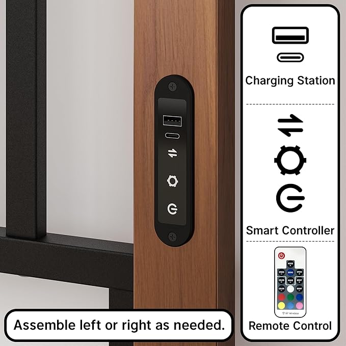 Weehom Metal Full Headboard Only with LED Lights and USB, Cherry Wood Grain | Freestanding full size headboard; adjustable height; USB charging station; modern bedroom design