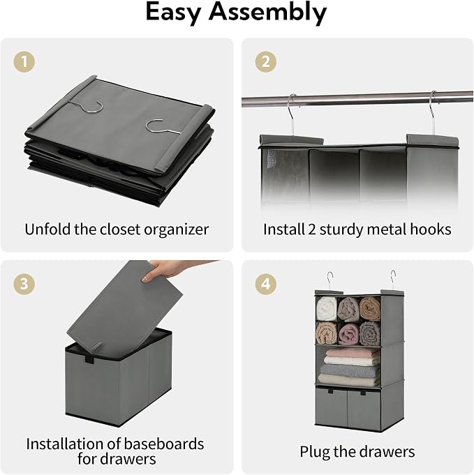 GRANNY SAYS 4-Shelf Hanging Closet Organizer with Drawer, Foldable Storage | Dividers Closet Hanging Organizer, No-Sag Support, Keeps Clothes Neat, Folds Flat, Fits RV, Dorm & Small Closets, Grey