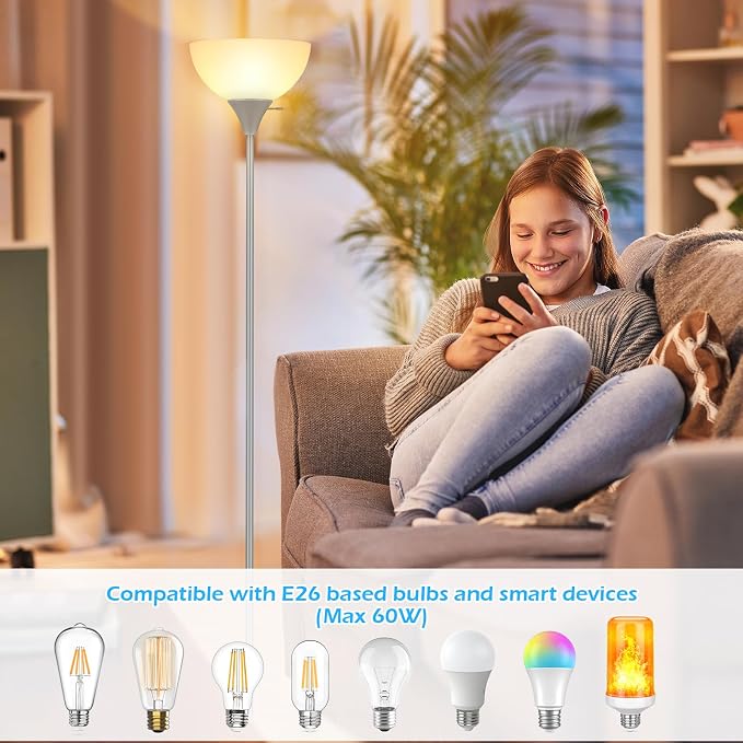 Coucrek Floor Lamp, LED Standing Lamps with White Plastic Shade, Corner Floor Lights for Living Room Bedroom, Rotary Switch, Bulb not Included, Grey