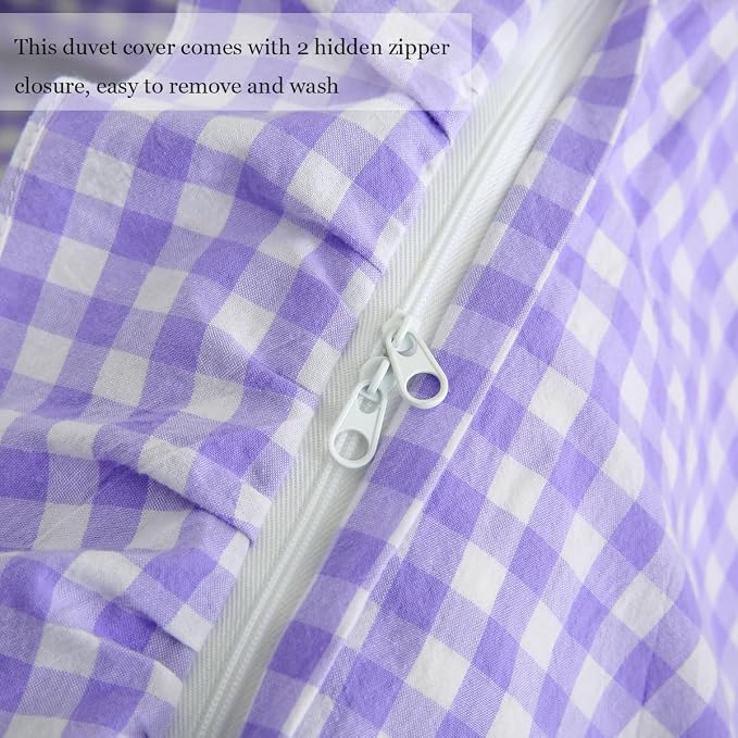 Silnuo Purple/White Gingham Ruffle 3-Piece Duvet Cover Set King Size | 100% Washed Cotton Shabby Checkered Plaid Bedding Set Farmhouse Comforter Set(King,Purple/White)