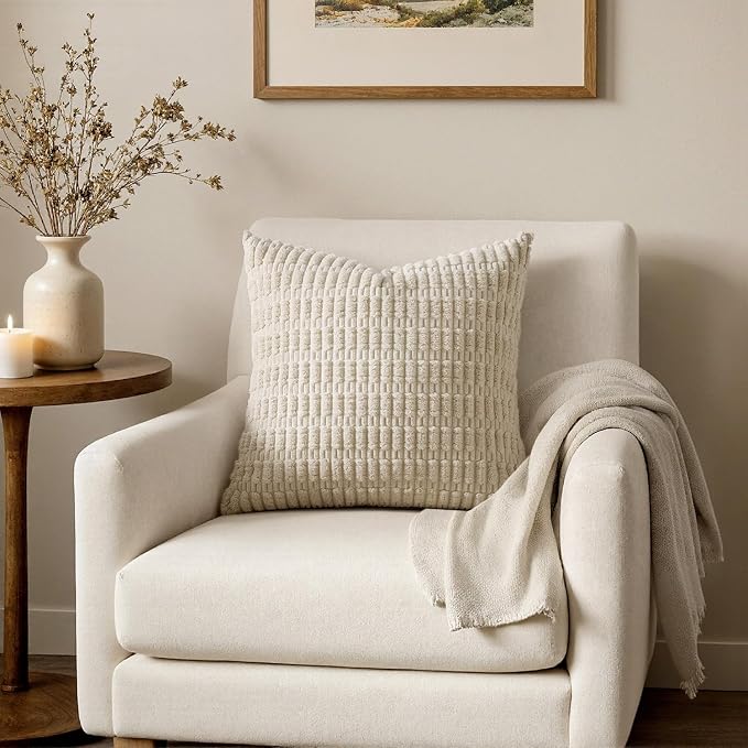MIULEE Corduroy Decorative Throw Pillow Covers 20x20 Cream White Pack of 2 | Soft Boho Striped Pillow Covers Modern Farmhouse Home Decor For Sofa Living Room Couch Bed