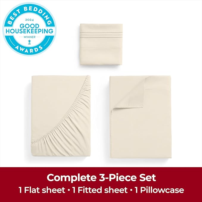 Mellanni Extra Deep Twin Sheets - 3 PC Iconic Collection Bedding | Hotel Luxury, Ultra Soft, Cooling Bed Sheets - Wrinkle, Fade, Stain Resistant (Twin, Golden Ivory)