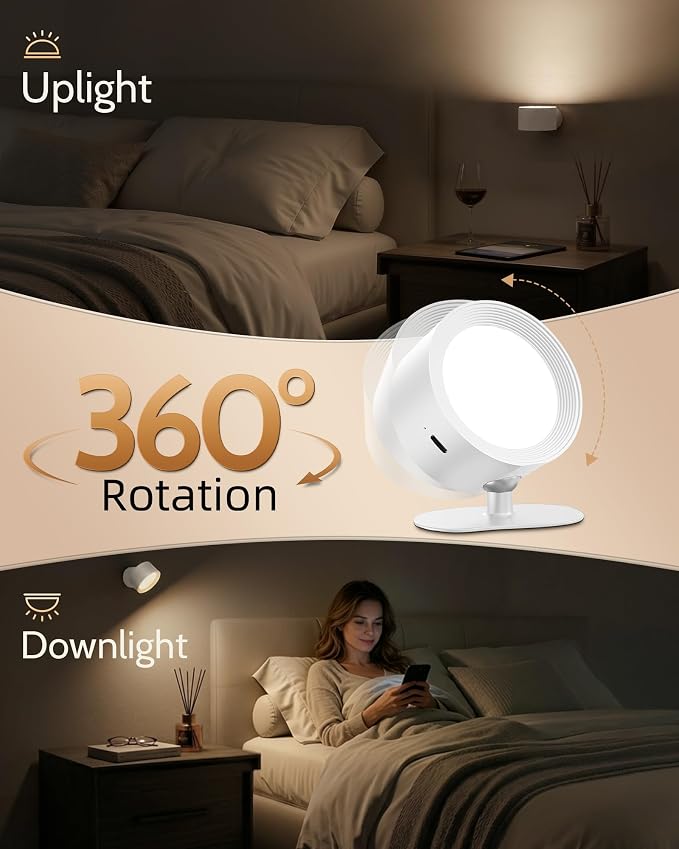 LED Wall Mounted Lights, Rechargeable Wall Sconces, 3 Color Temps, Remote & Touch, 360° Rotating and Dimmable for Bedroom, Bedside & Reading (White, 2 Pack)