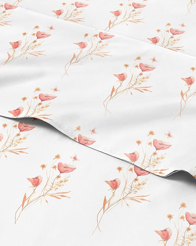 King 4 Piece Floral Sheet Set - Soft, Breathable & Cooling - Wildflower | 1 Flat, 1 Fitted & 2 Pillowcases w/ Deep Pockets, Boho Botanical Floral Bedding, Breathable & Cooling, Wrinkle & Fade Free