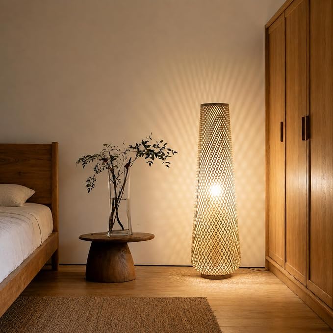 Boho Style Bamboo Woven Floor Lamp for Living Room,36 in,Cozy Decor | Handcrafted Wicker Shade,Unique Shadow Pattern,No Assembly Required,3000K Warm Ambient Lighting,Suit for Bedroom Corner