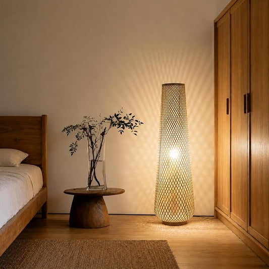 Boho Style Bamboo Woven Floor Lamp for Living Room,36 in,Cozy Decor | Handcrafted Wicker Shade,Unique Shadow Pattern,No Assembly Required,3000K Warm Ambient Lighting,Suit for Bedroom Corner
