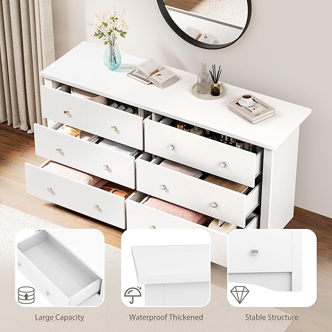 YESHOMY White Dresser for Bedroom with 6 Drawer, 47.2" Organizer Drawers | Space Saving, Modern Design, Anti-Tip, TV Stand for Living Room, Hallway