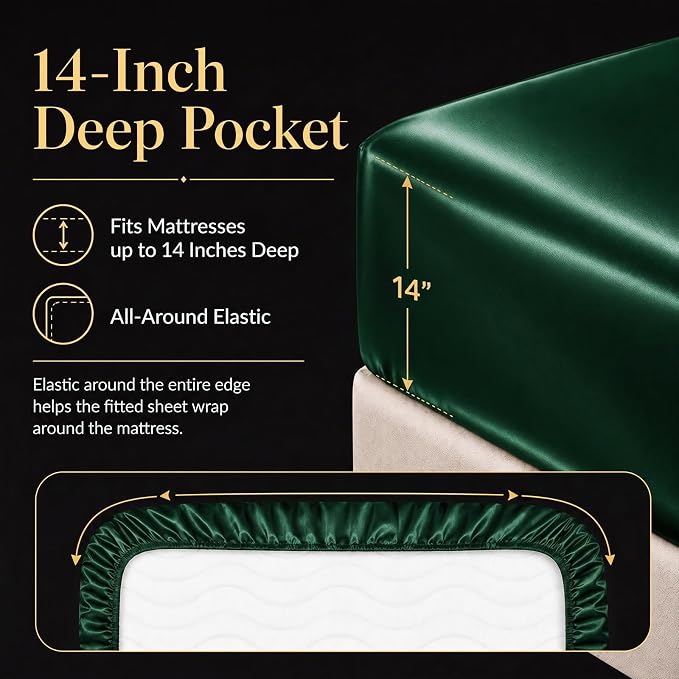 CozyLux Satin Sheets Full, 4-Piece 14-Inch Deep Pocket Sheet Set | OEKO-TEX Certified Silky Soft Sheet Set for Hair & Skin, Luxurious Silky-Smooth Satin for Elegant Bedroom Decor, Dark Green