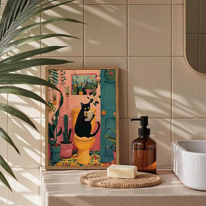 Funny Black Cat Bathroom Wall Art Whimsical Cat Reading Newspaper on Toilet Wall Decor Picture Cute Animal Bathroom Poster Canvas Painting Prints for Restroom 12x16 inch Framed