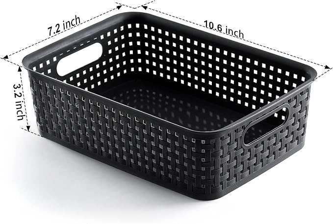 [ 12 Pack ] Plastic Storage Baskets, Small Pantry Organization and Storage Bins, Household Organizers for Laundry Room, Bathrooms, Kitchens, Cabinets, Countertop, Under Sink or Shelves, Black
