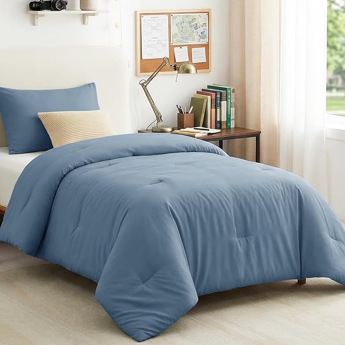 Twin Comforter Set, 2 Pieces Down Alternative Bedding, Grayish Blue | 270 GSM Twin XL College Dorm Comforter with 4 Corner Ties Use as a Duvet Insert, OEKO-TEX Certified, 1 Pillowcase, 68 x 88 in