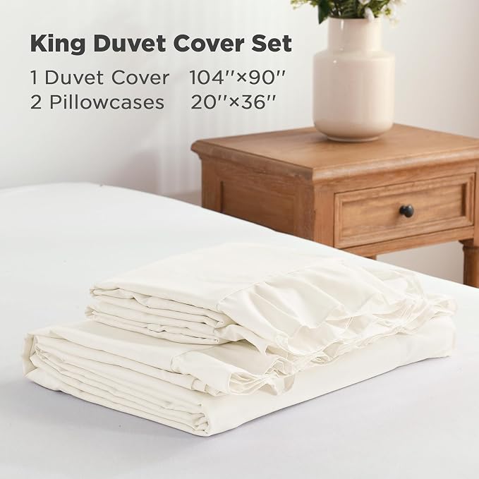 Andency Ivory Ruffle Duvet Cover King, Shabby Chic Farmhouse Bedding Set | 3 Pieces Soft Washed Polyester Vintage Ruffled Comforter Cover Set with Zipper Closure & Corner Ties, 104x90Inch