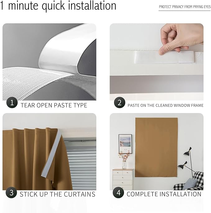 Thermal Blackout Curtains with Self-Adhesive Tape, No Rod No Drill Easy Install Window Cover for Bedroom Kitchen Dorm, 71" W x 59" L, Brown, 1 Panel