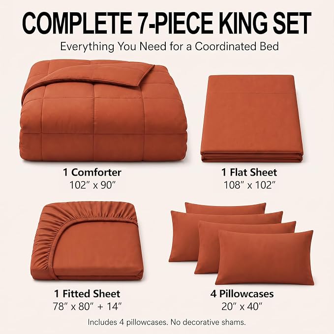 King Size Comforter Set Terracotta - 7 Pieces Orange Bed in a Bag | OEKO-TEX Certified, All-Season, Bedroom, Guest Room, Down-Alternative Comforter + Flat & Fitted Sheets + 4 Pillowcases