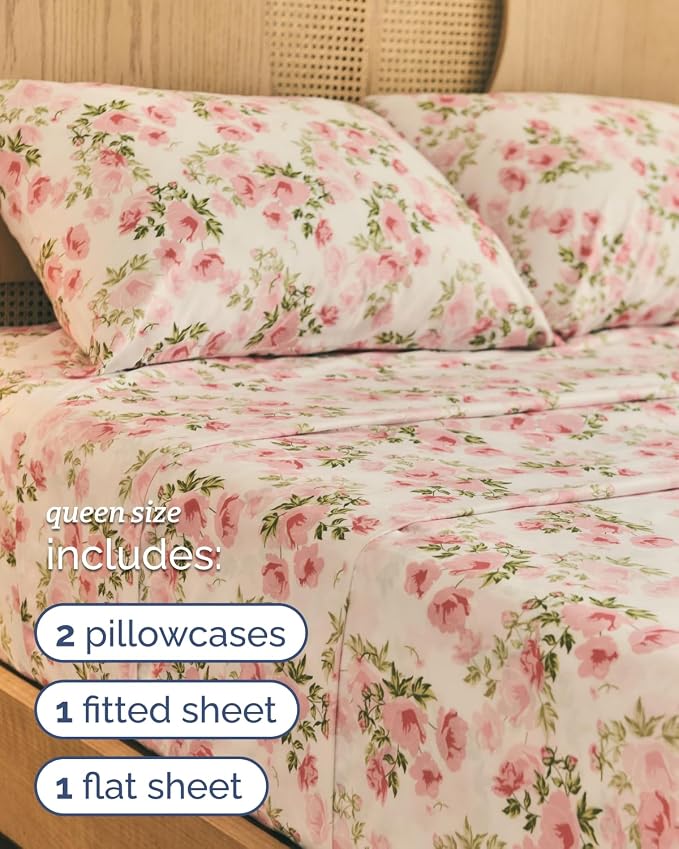 Queen 4 Piece Boho Botanical Floral Sheet Set - Soft & Cooling - Bloom | 1 Flat, 1 Fitted & 2 Pillowcases w/ Deep Pockets, Boho Botanical Floral Bedding, Breathable & Cooling, Wrinkle & Fade Free