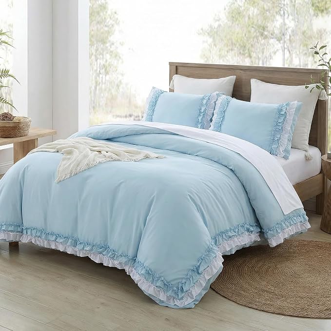 Bedrom Light Blue Duvet Cover Twin Ruffled Bedding Set Elegant Ruffle Lace Bedroom Decor Shabby Chic Farmhouse Style Blue Boho Duvet Cover Set