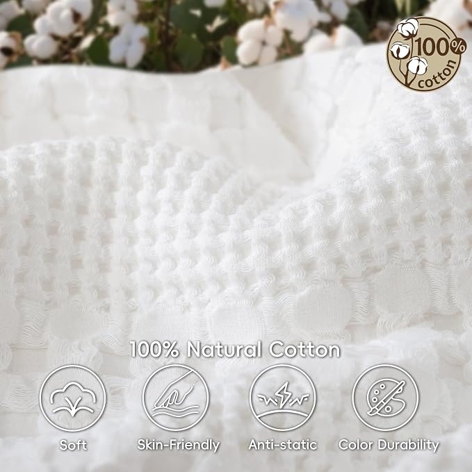 PHF Lightweight 100% Cotton Waffle Blanket for Bed, Queen, White | Pre-Washed Soft Cotton Comfort, Breathable Layering Warmth for Fall & Winter, Bed, Sofa, Couch, Home Decor & Gifts