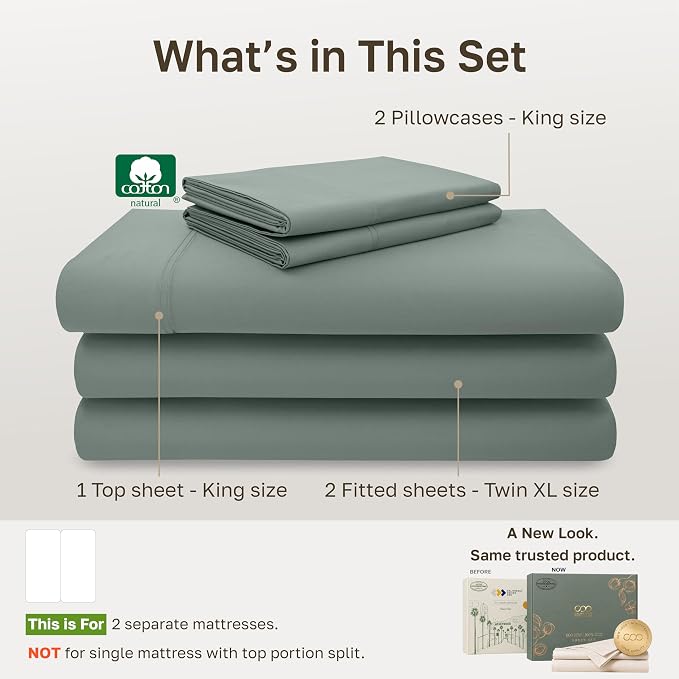 California Design Den 600 Thread Count Split King Bed Sheets, 5 Pcs | 100% Cotton Sateen, Good Housekeeping Seal, Split King Sheets Sets for Adjustable Bed with 2 Separate Twin-XL Mattresses