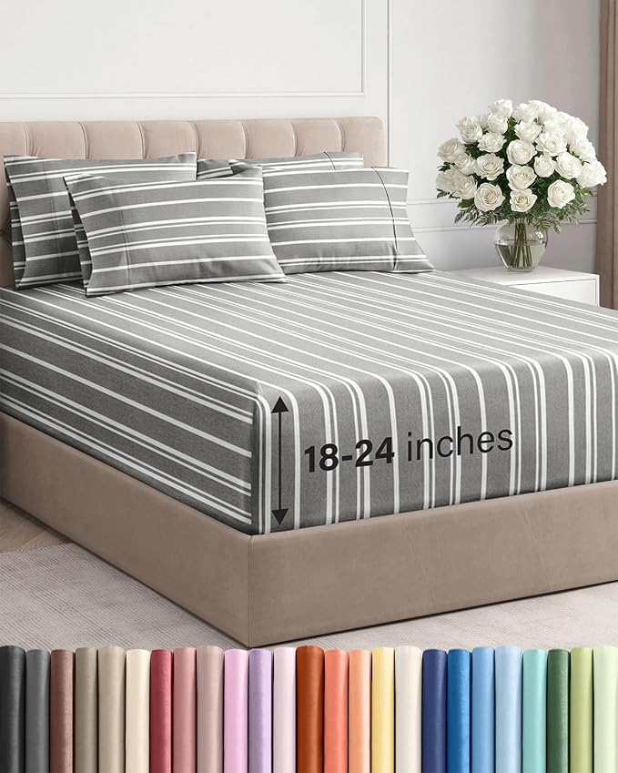 Extra Deep Cal King Sheet Set - 6 Piece Breathable & Cooling - Grey Stripes | Hotel Luxury Bed Sheets Set, Easy & Secure Fit, Ultra-Soft, Wrinkle & Fade Free, Comfy Sheets Set with Extra Deep Pockets