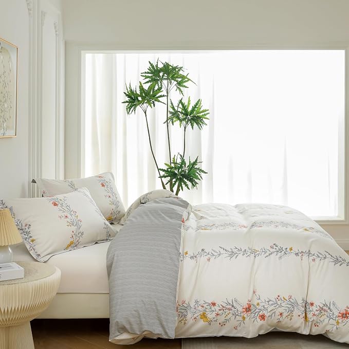 OAITE Twin Duvet Cover Set 3pcs 100% Cotton with Wildflower Stripe | Floral Pattern,Soft, Breathable,Long-lasting,Comfort,Hidden Zipper,8 Corner Ties,Easy Care for All Season