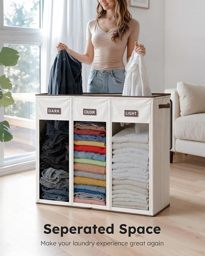 SOLEDI 200L 3-Section Laundry Hamper with Lid, Extra Large Dirty Clothes Basket with Sturdy Handles for Laundry Room & Bedroom - Durable Organizer for Sorting Laundry