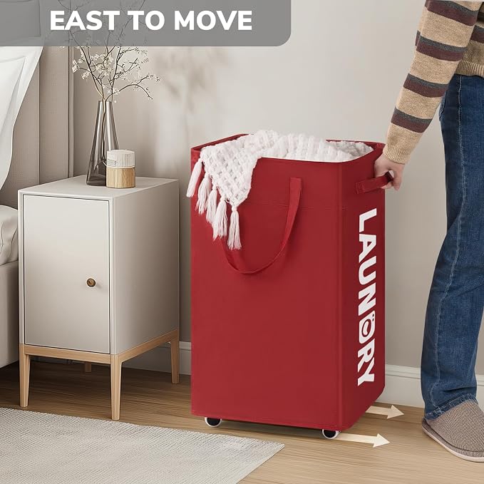 Goodpick 75L Collapsible Laundry Baskets with Wheels and Removable Wash Bag | Rolling Laundry Hamper with Handle for College Dorm and Laundry Room, Laundry Hamper on Wheels, Red