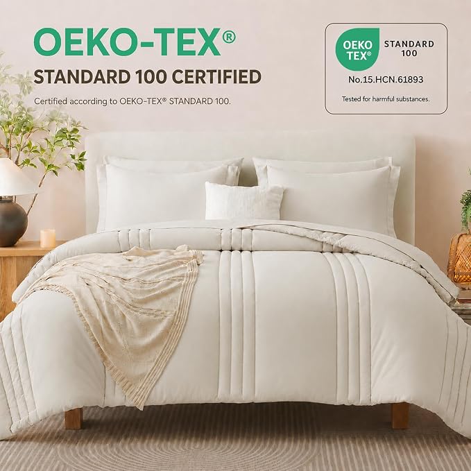 Twin Comforter Set Beige - 5 Pieces Complete Bedding Set | College Dorm Essentials, OEKO-TEX Certified, 240GSM Down-Alternative Comforter, 14" Deep-Pocket Sheets, Sham & Pillowcase