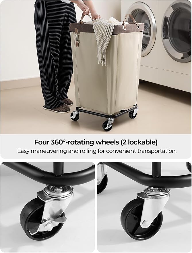 StorageWorks 160L Laundry Basket with Wheels, Rolling Hampers for Clothing | Light Kahki Laundry Basket with Wheels, Metal Frame & Handles, Rolling Hamper for Bedroom, Bathroom, Dorm, Hotel