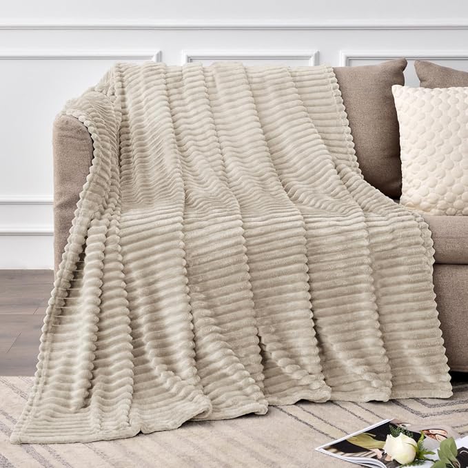 BEDELITE 3D Ribbed Jacquard Linen Fleece Twin Blanket for Couch, 60x80 Inch | Soft Warm Fluffy Blanket for Bed Sofa College Dorm Room Decor, Luxury Cozy Plush Birthday Gifts for Women Girls, Lightweight