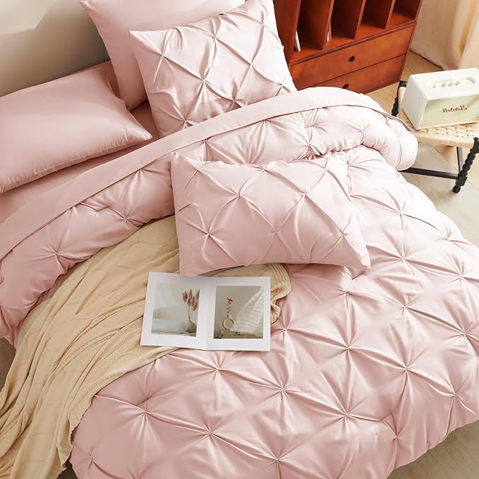 HIMEET Queen Comforter Set Peach Pink - 7 Pieces Pintuck Bed in a Bag | OEKO-TEX Certified, 240GSM Down Alternative Comforter, 14" Deep Pocket Fitted Sheet + Flat Sheet + 2 Pillowcases + 2 Shams
