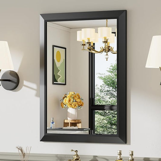 Black Metal Framed Bathroom Wall Mirror, 22x30 Inch | Anti-rust, HD tempered glass, for bathroom vanity, bedroom, living room, horizontal or vertical mount