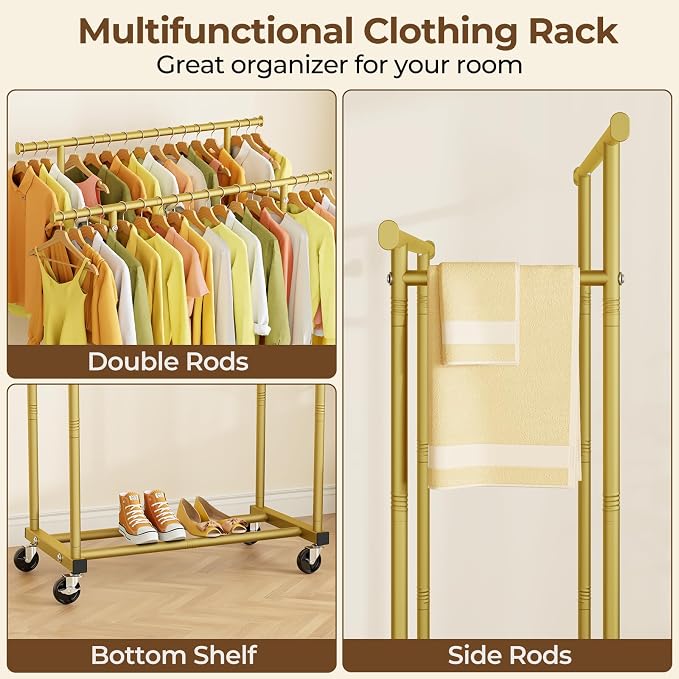 HYSEYY Double Rods Clothes Rack, Sturdy Rolling Clothing Rack, Portable Clothing Racks for Hanging Clothes - Metal Garment Rack Wardrobe Coat Rack for Bedroom Laundry Living Room, Gold