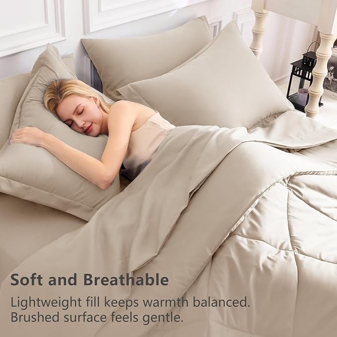 Full Size Comforter Sets Wheat - 7 Pieces Complete Bedding Set | OEKO-TEX Certified, All Season, 240GSM Down-Alternative Comforter, Sheets, Pillowcases & Shams, 14" Deep Pocket, Easy Care