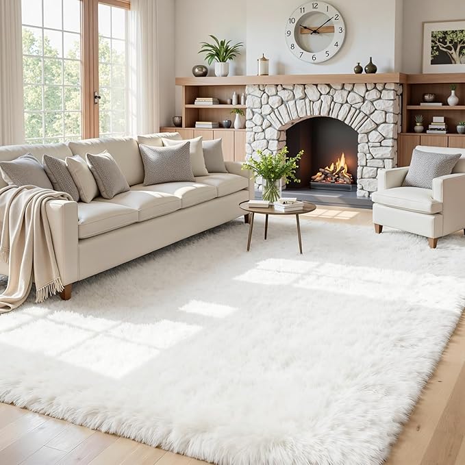 5x8 Fluffy Shag Area Rugs for Living Room Bedroom: Soft Plush Carpet White | Upgraded Non-Slip Thick Memory Foam, Ultra Soft, Non-Shedding Fuzzy Carpet, Easy Clean Decor for Kids Room, Nursery, Playroom