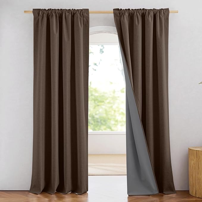 NICETOWN 100% Blackout Brown Curtains for Living Room 2 Panels Linen Blend | Bedroom Curtains for Light Sensitive Sleepers Noise Reducing, Privacy Protection, Thermal Insulated, W52" x L84" per Panel