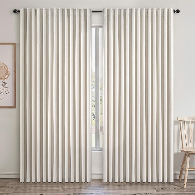 Extra Wide 100 Inch Length Blackout Curtains & Drapes 96 Inches Long 2 Panels Set for Sliding Glass Doors Modern Pleated Linen Blend Heavy Floor to Ceiling Large Window Drapes(100"Wx96"Lx 2 Birch)