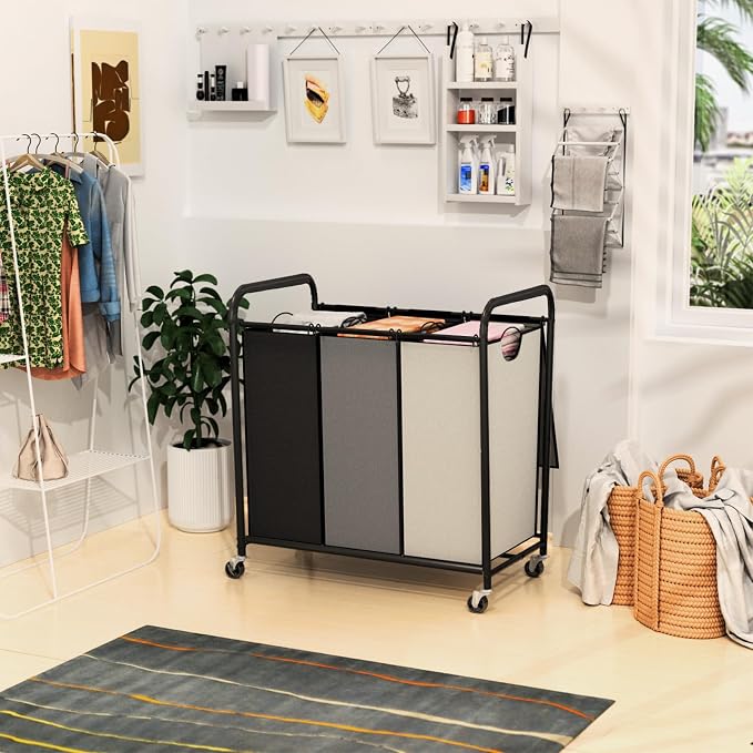 180L Laundry Sorter 3 Section, Rolling Laundry Basket with Wheels and Lid | 47.55 Gal Laundry Hamper, 3 Separated Removable Bags, Lockable Wheels, Dirty Clothes Hamper for Laundry Room, Multicolored