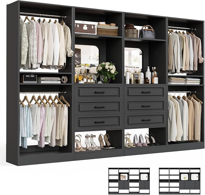Unikito Closet System, 100" Closet Organizer with Drawers & Mirror, Black | Modular Wooden Walk-in Closet Wardrobe Organizer with Hanging Rods & Adjustable Shelves, Freestanding Garment Rack Tower