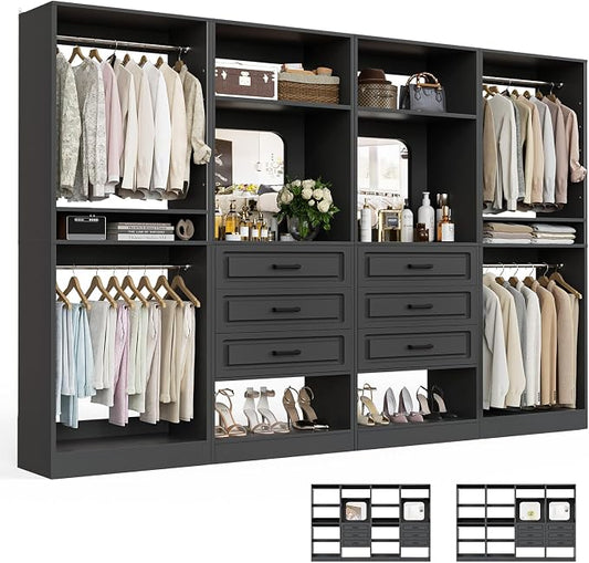Unikito Closet System, 100" Closet Organizer with Drawers & Mirror, Black | Modular Wooden Walk-in Closet Wardrobe Organizer with Hanging Rods & Adjustable Shelves, Freestanding Garment Rack Tower