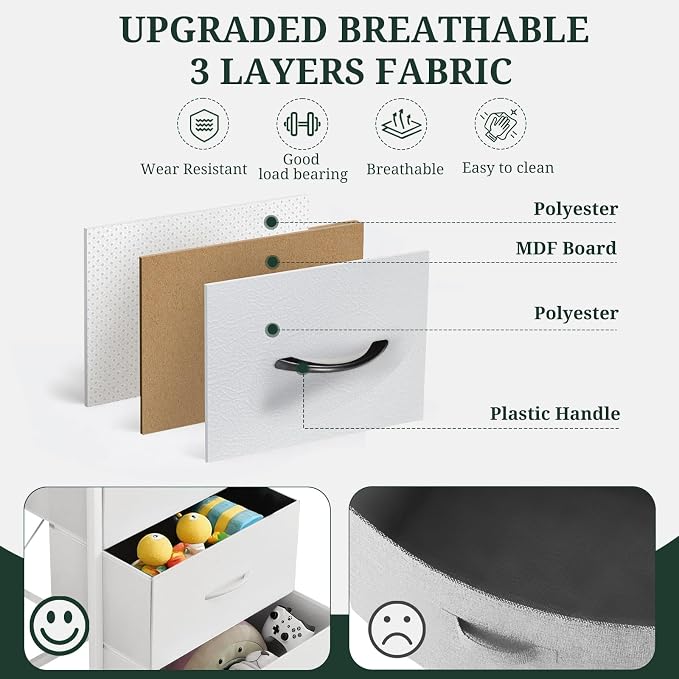 8-Drawer Dresser for Bedroom, Anti-Tip Tall Storage Organizer | Chest of Drawers with Wooden Top and Metal Frame Fabric Bins for Closet, Living Room, Hallway, Entryway, White