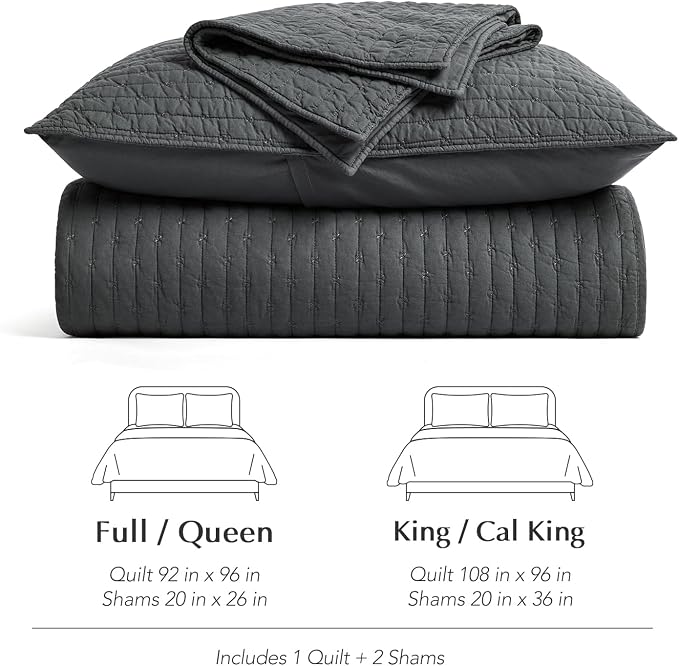 100% Cotton Cross Stitch 3-Piece Quilt Set, King, Charcoal | Cross Stitch Cotton Quilt, Pre-Washed Bedding Set, Oversized Lightweight Bedspread Coverlet, for All Season, with 2 Shams