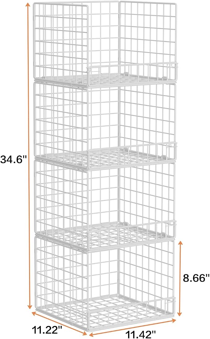 4-Tier Stackable Closet Organizers and Storage Baskets, Closet Shelf Organizer, Space-Saving Clothes Storage Drawer, Foldable Clothes Storage Bins for Closet Organizer System, White(Patent 30022416)