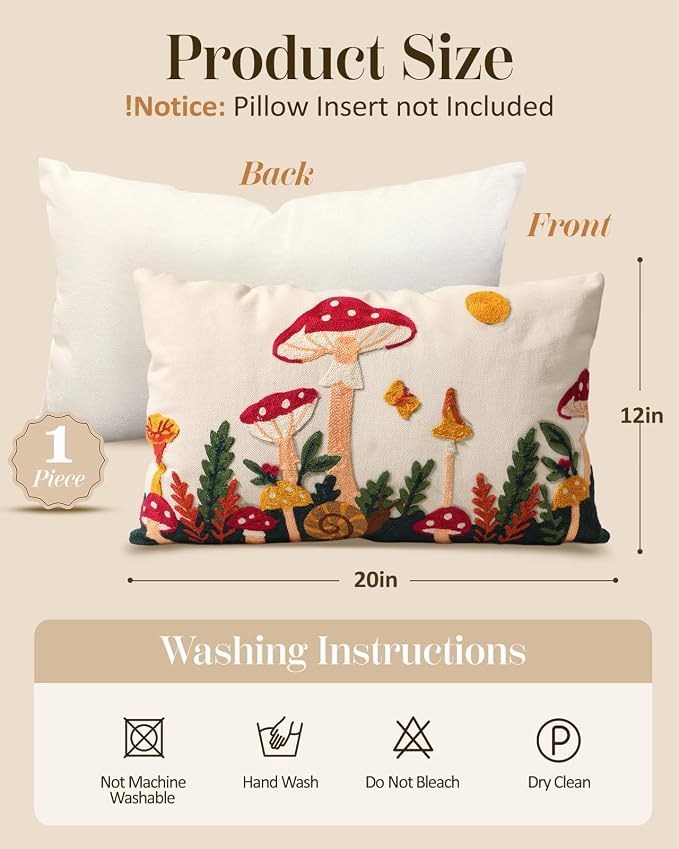 Embroidered Lumbar Pillow Cover 20x12 Inch, Mushroom Moon | Decorative Throw Pillow Cover, Boho Cottagecore Cushion Case with Hidden Zipper, Home Decor for Couch, Sofa, Living Room