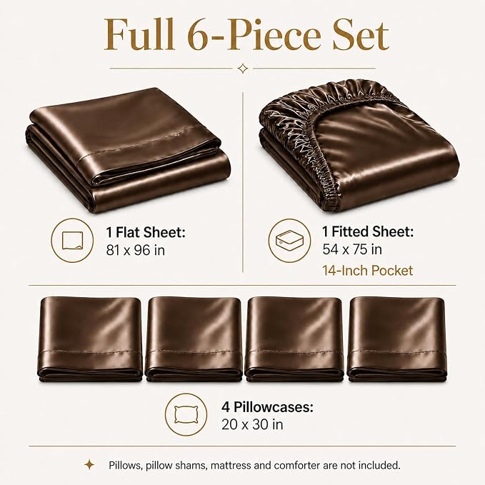 CozyLux Satin Sheets Full, 6-Piece 14-Inch Deep Pocket Sheet Set | OEKO-TEX Certified Silky Soft Sheet Set for Hair & Skin, Luxurious Silky-Smooth Satin for Elegant Bedroom Decor, Brown