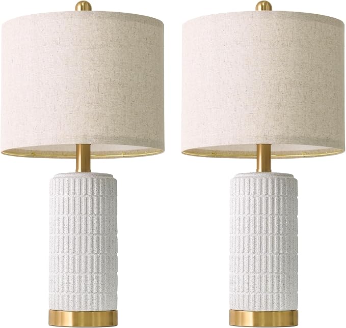 PoKat 21.5'' Stone-Like Bedside Table Lamps Set of 2 for Bedroom with 2 USB A+C, Modern Lamps for Living Room, Ceramic Nightstand Desk Lamps with Charging Ports Office Dorm Sideboard (Frosted White)