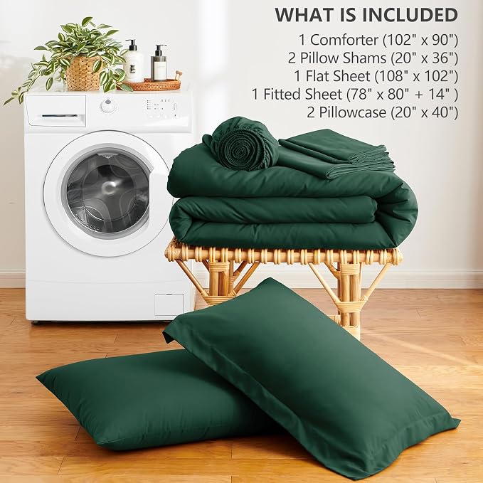 HIMEET King Comforter Set, 7-Piece Point-Quilted Bed in a Bag Emerald Green | OEKO-TEX Certified, Lightweight 240 GSM Comforter, Flat Sheet, 14-Inch Deep-Pocket Fitted Sheet, Pillowcases & Shams