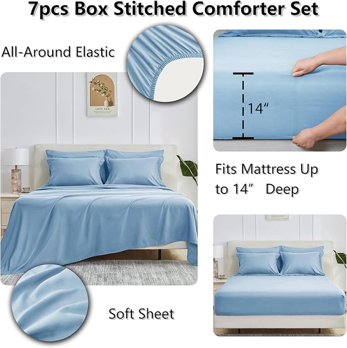 Full Size Comforter Sets, 7-Piece Bed in a Bag, Baby Blue | OEKO-TEX Certified, Box-Stitched Design, 240 GSM Down Alternative Fill, All-Season Comfort, Sheets, Pillowcases & Shams