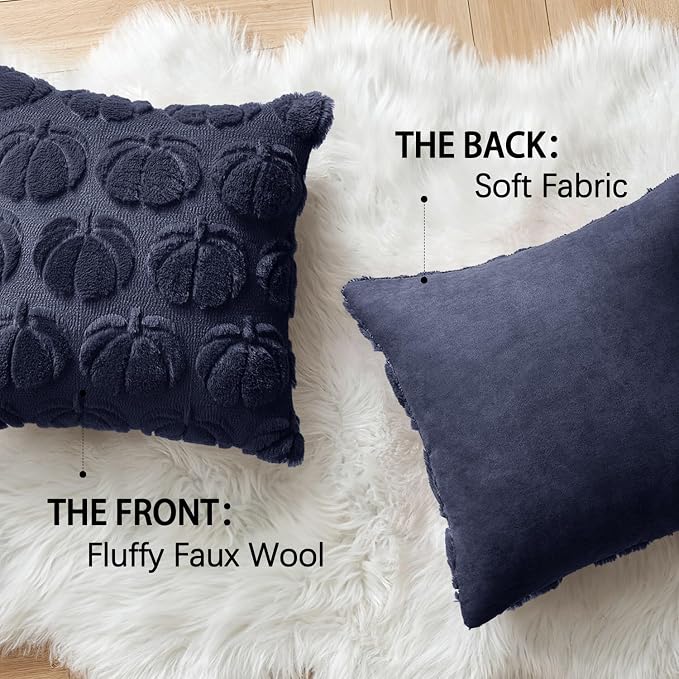 MIULEE Fall Pillow Covers Pumpkin Fall Decor 18x18 Navy Blue | Set of 2 Fall Decorations for Home, Plush Faux Fur Farmhouse Accent Pillowcases, Porch Sofa Couch Cushion Bed Livingroom