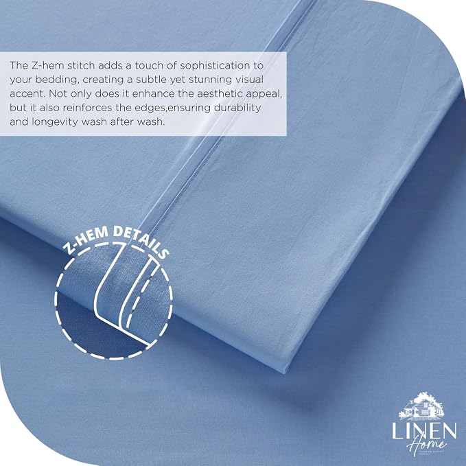 Linen Home 6 Piece Queen Cotton Sheet Set, 100% Cotton Percale, 4 Pillowcases, Deep Pocket with All Around Elastic Sheet, Crisp Breathable Bedding, Hotel Luxury, Long-Staple Combed Cotton, Baby Blue